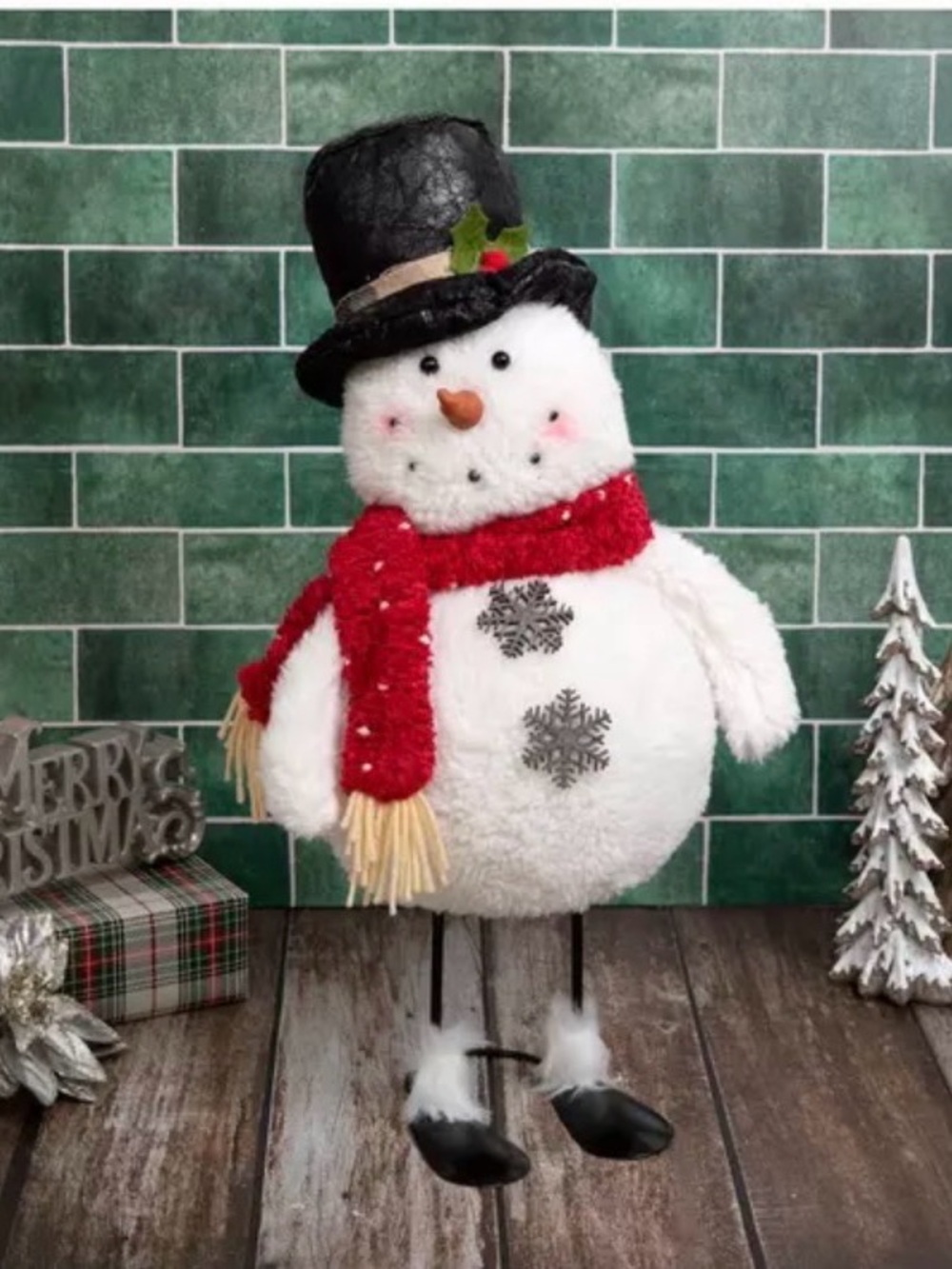 Bouncy Plush Snowman With Top Hat Festive White Snowman Figurine with Red Scarf